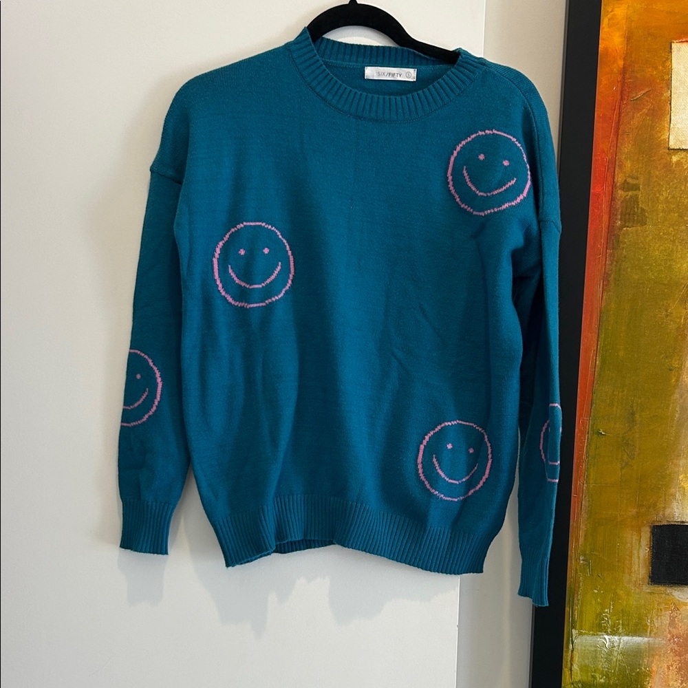 Teal Smiley Face Crew Neck Sweater
